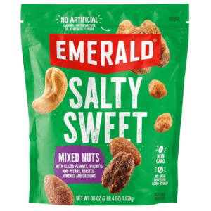Emerald Salty Sweet Mixed Nuts (1-Pack) | 36oz Resealable Bulk Bag | Features Glazed Peanuts, Walnuts & Pecans, & Roasted Almonds & Cashews | No Artificial Flavors, Preservatives, or Synthetic Colors
