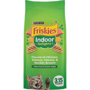 Purina Friskies Dry Cat Food Indoor Delights Flavors of Chicken, Salmon, Peas, and Carrots - (Pack of 4) 3.15 lb. Bags
